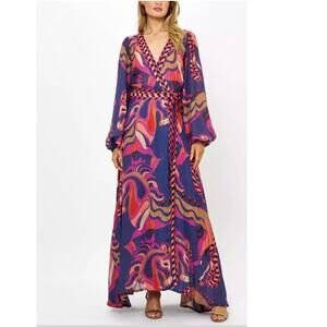 Oliphant V-Neck Long Sleeves Wrap Maxi Dress Tie-Belt Arabia Navy Size Large
